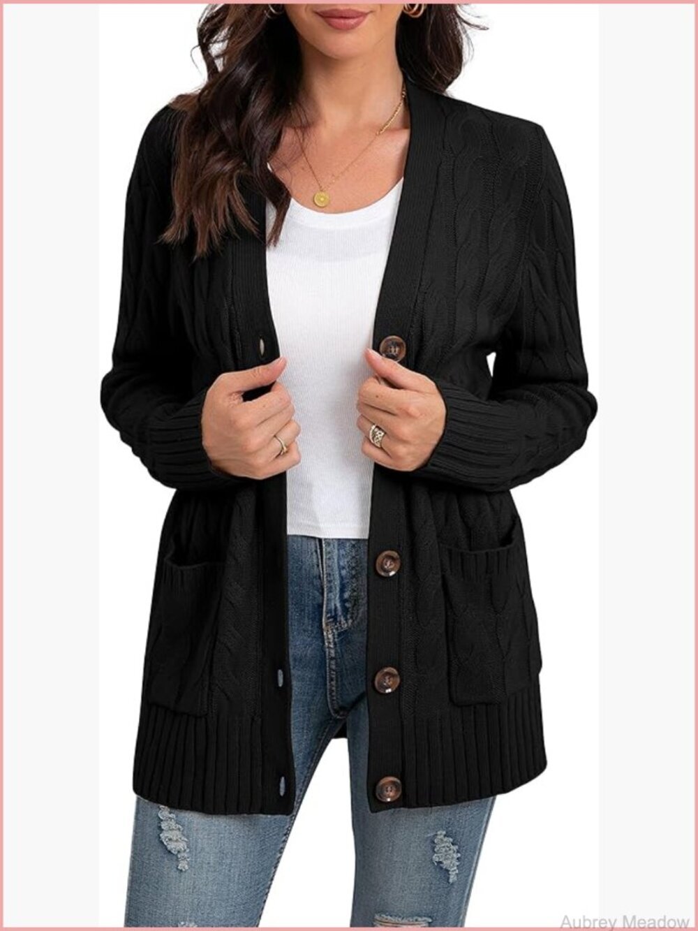 Womens Long Sleeve Cable Knit Open Front Cardigan Sweater with Pockets